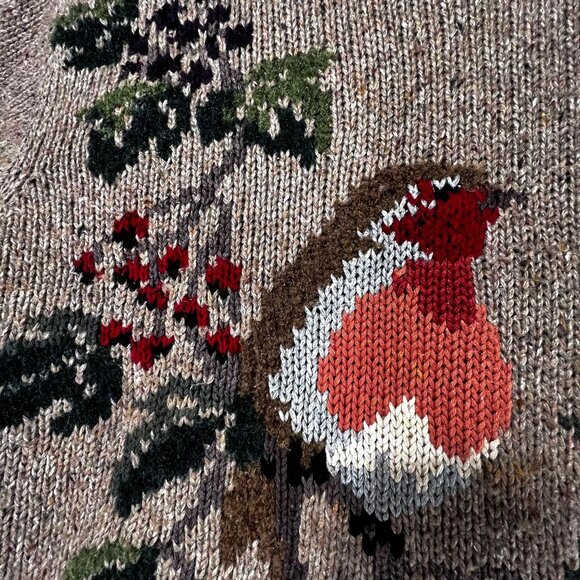 Talbots Knit Sweater Robin Bird Holly Branch Khaki Brown Collar Casual Comfy LG - Picture 3 of 12